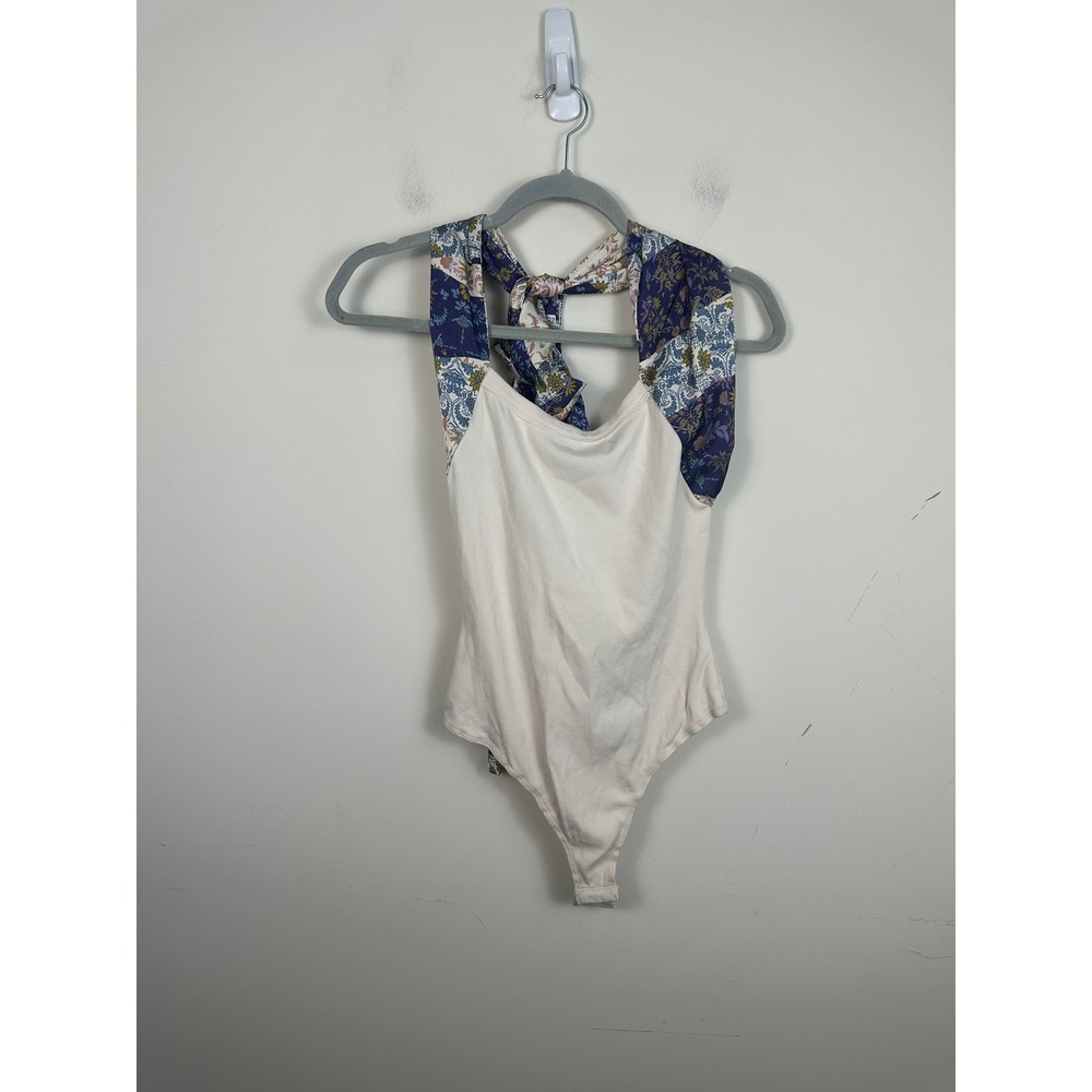 FORE Bodysuit Women Small Cream Very Good Floral Patchwork Scarf Tie Halter Boho